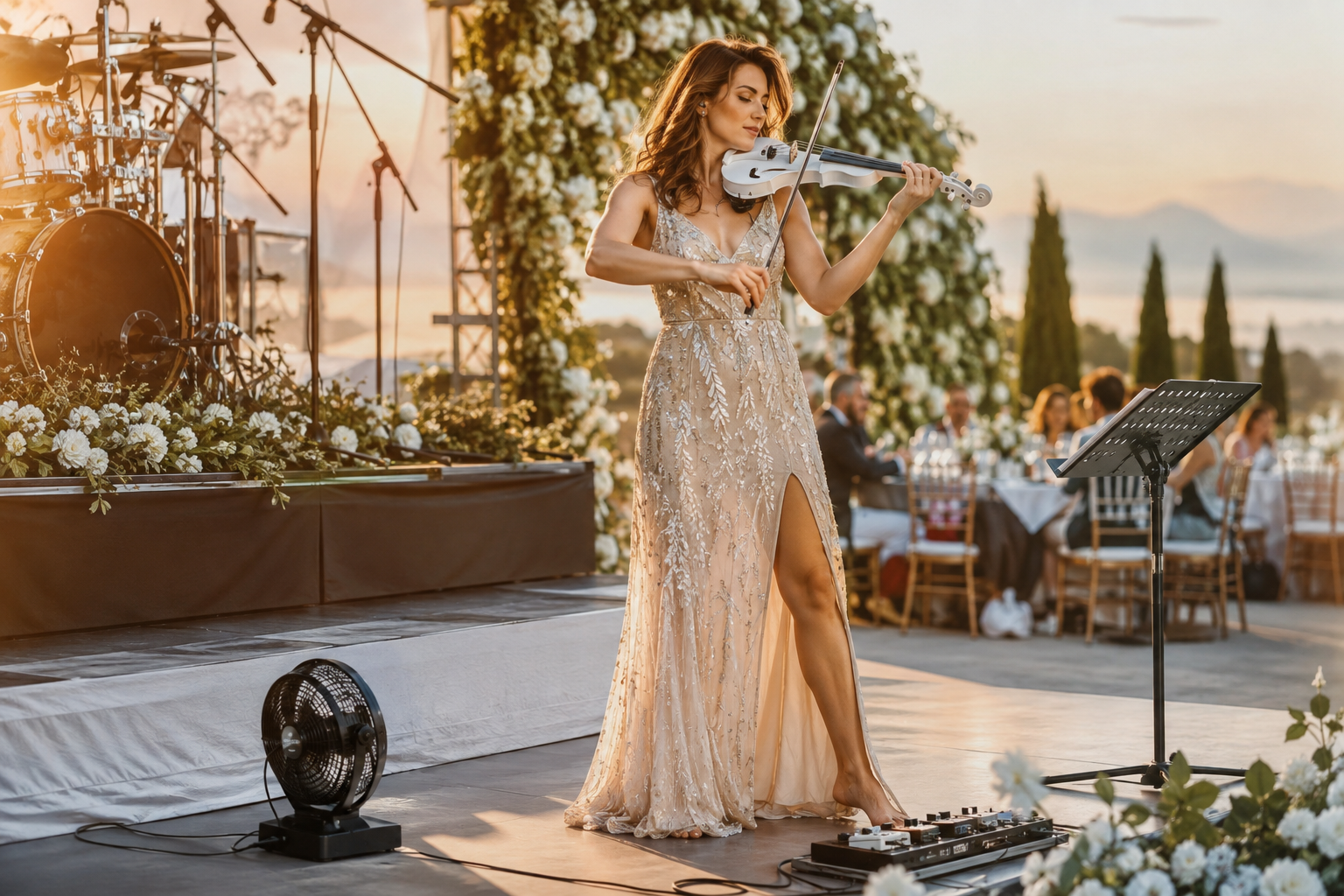 Electric violin artist performing at an outdoor wedding with a battery powered fan safely placed at floor level