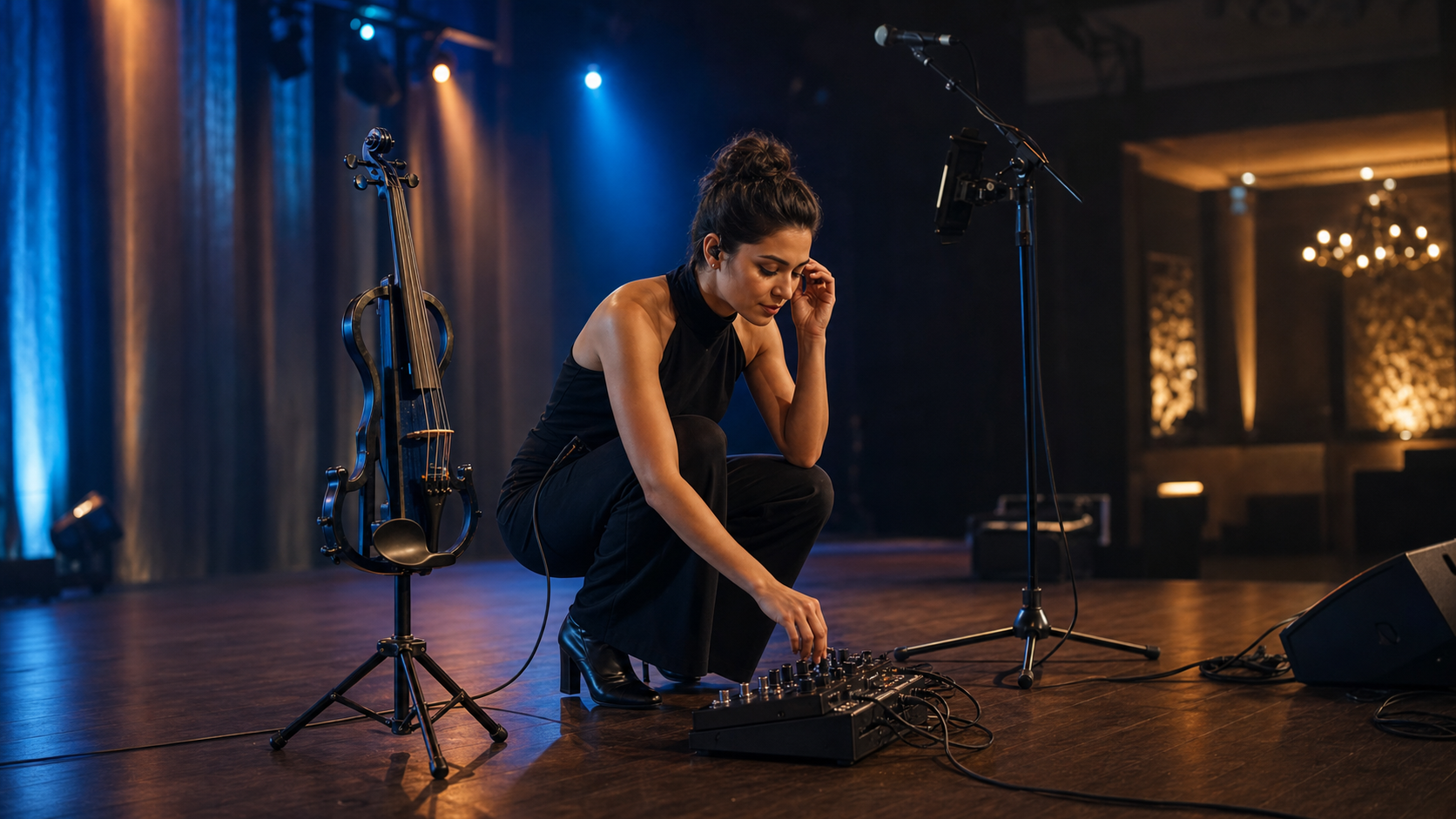 Electric violin изпълнителка оправя in-ear audio по време на soundcheck, докато electric violin-ът й чака на тънка стойка вляво на сцената под синьо и кехлибарено осветление