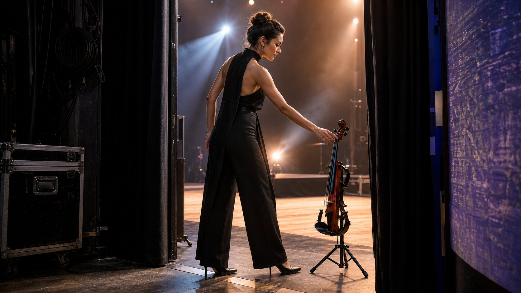 Професионална electric violin изпълнителка посяга към инструмента си върху компактна стойка в side-stage wing секунди преди да се върне под прожекторите
