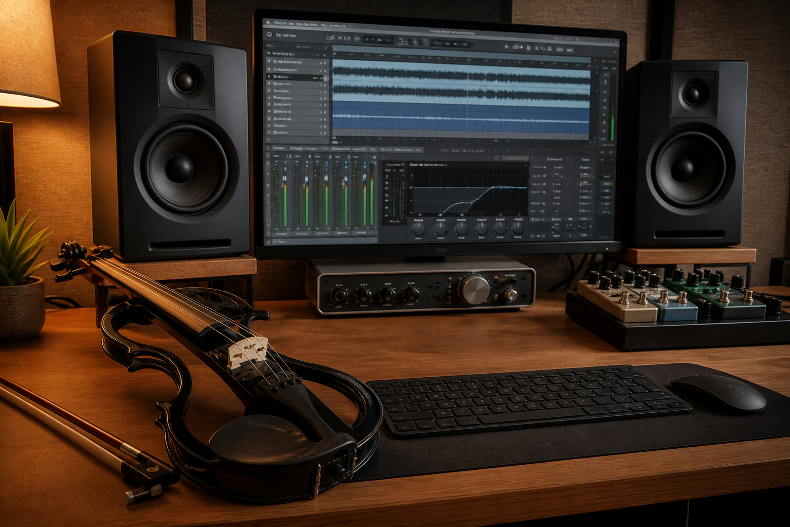 Home electric violin studio с nearfield монитори audio interface pedalboard и waveform editing сесия върху топло дървено бюро