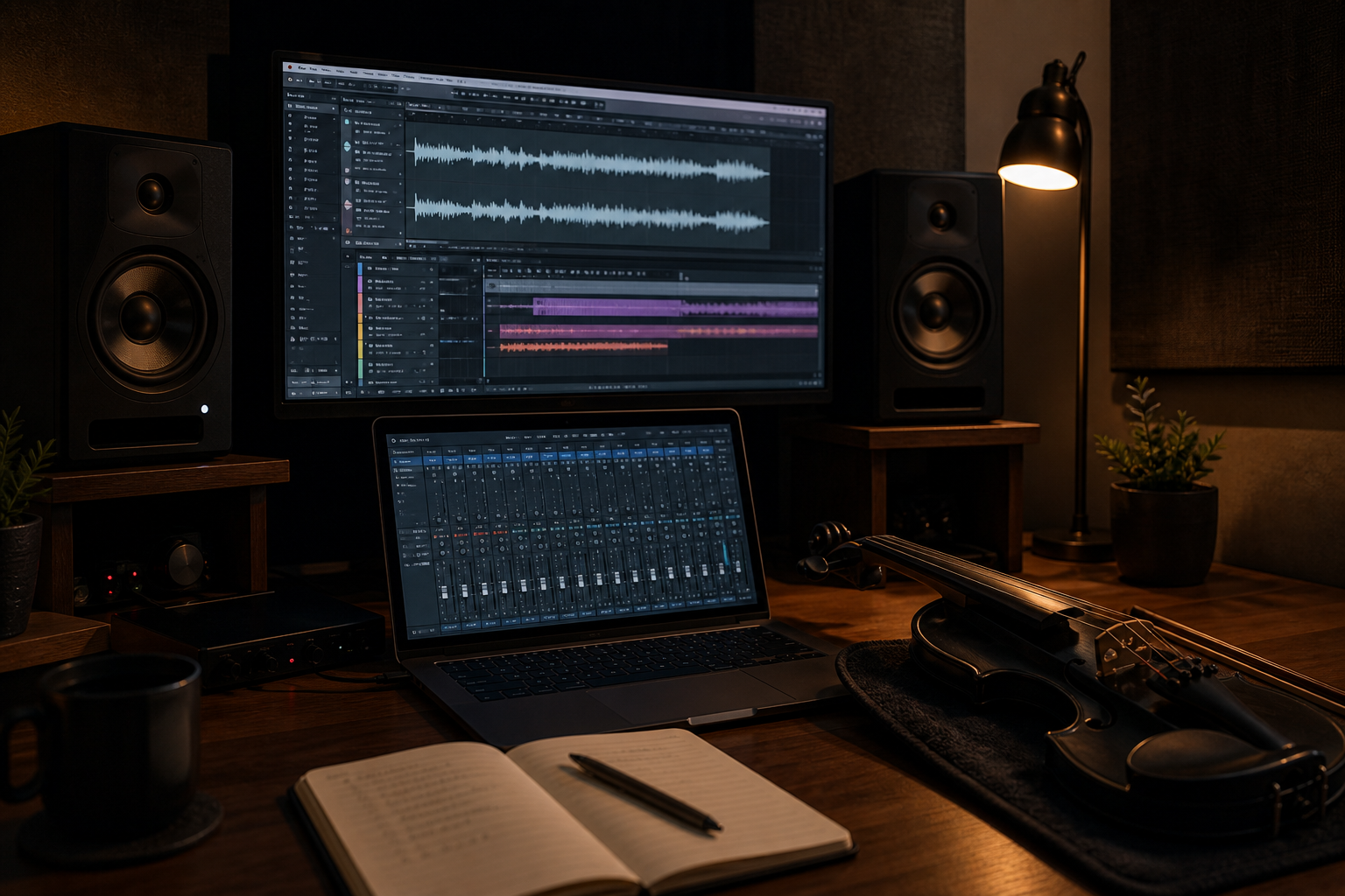 Нощна electric violin mixing сесия с nearfield студийни монитори ниска светлина и waveform детайли на лаптоп и външен дисплей