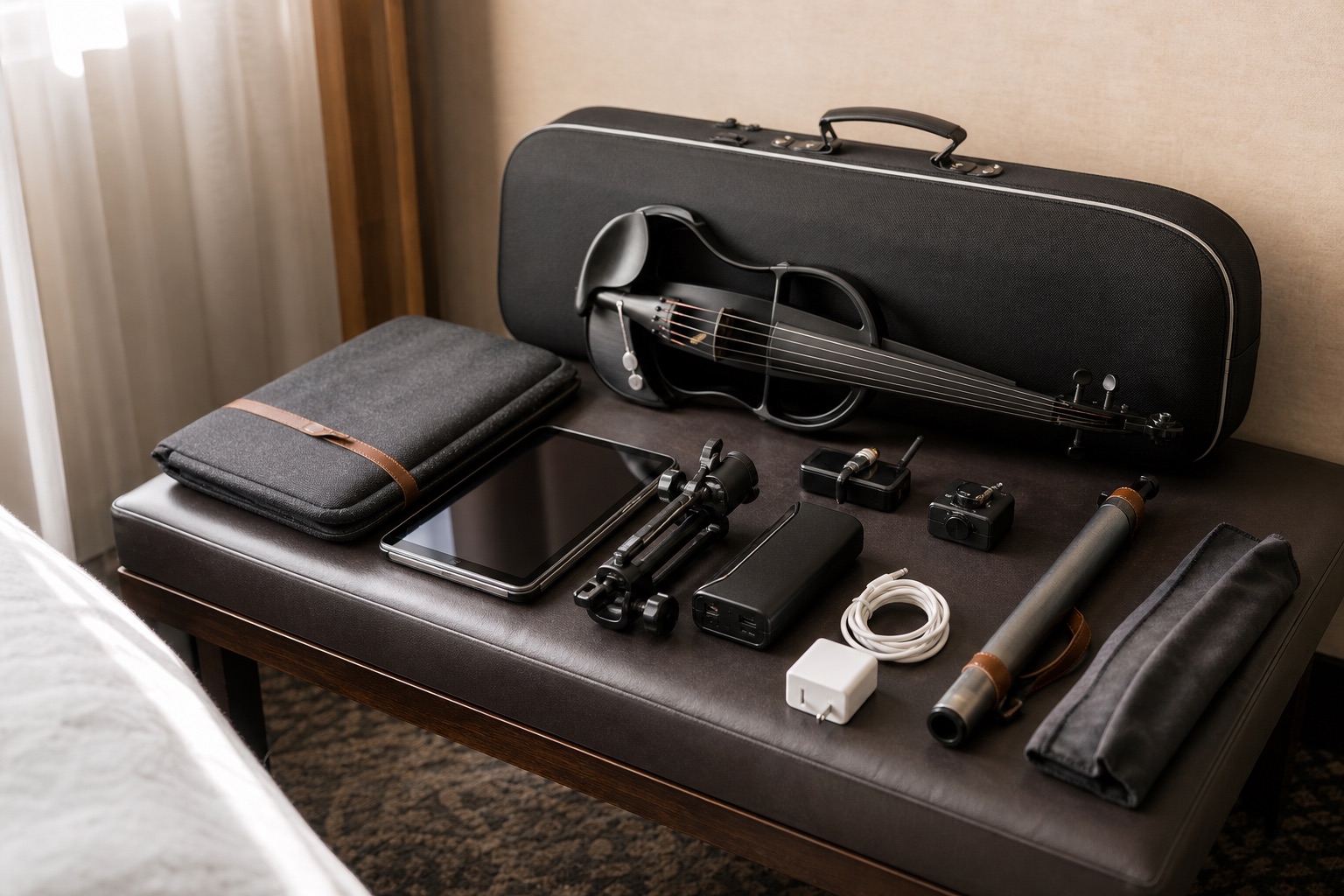 Travel-ready electric violin performance kit with tablet, folded mount, power bank, wireless pack, and compact case laid out for a fly date