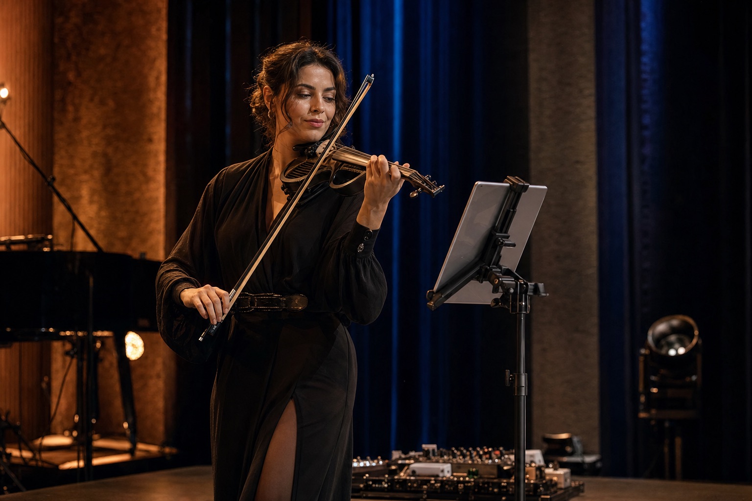 Elegant electric violin performer glancing toward a mounted tablet on stage while playing under warm and blue concert lighting