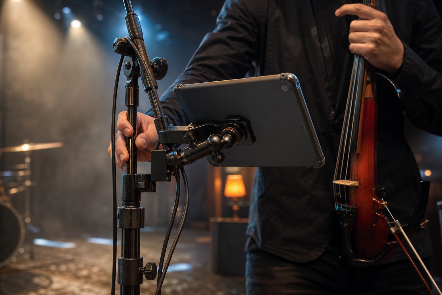 Close-up of a secure tablet mount clamped to a microphone stand beside an electric violin during a professional live soundcheck