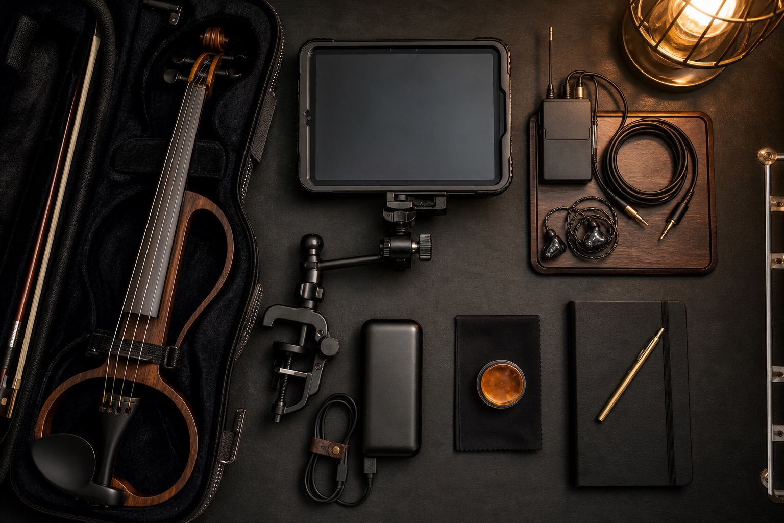 Open electric violin case with tablet, clamp mount, in-ear monitors, power bank, notebook, and stage accessories arranged neatly for a professional show