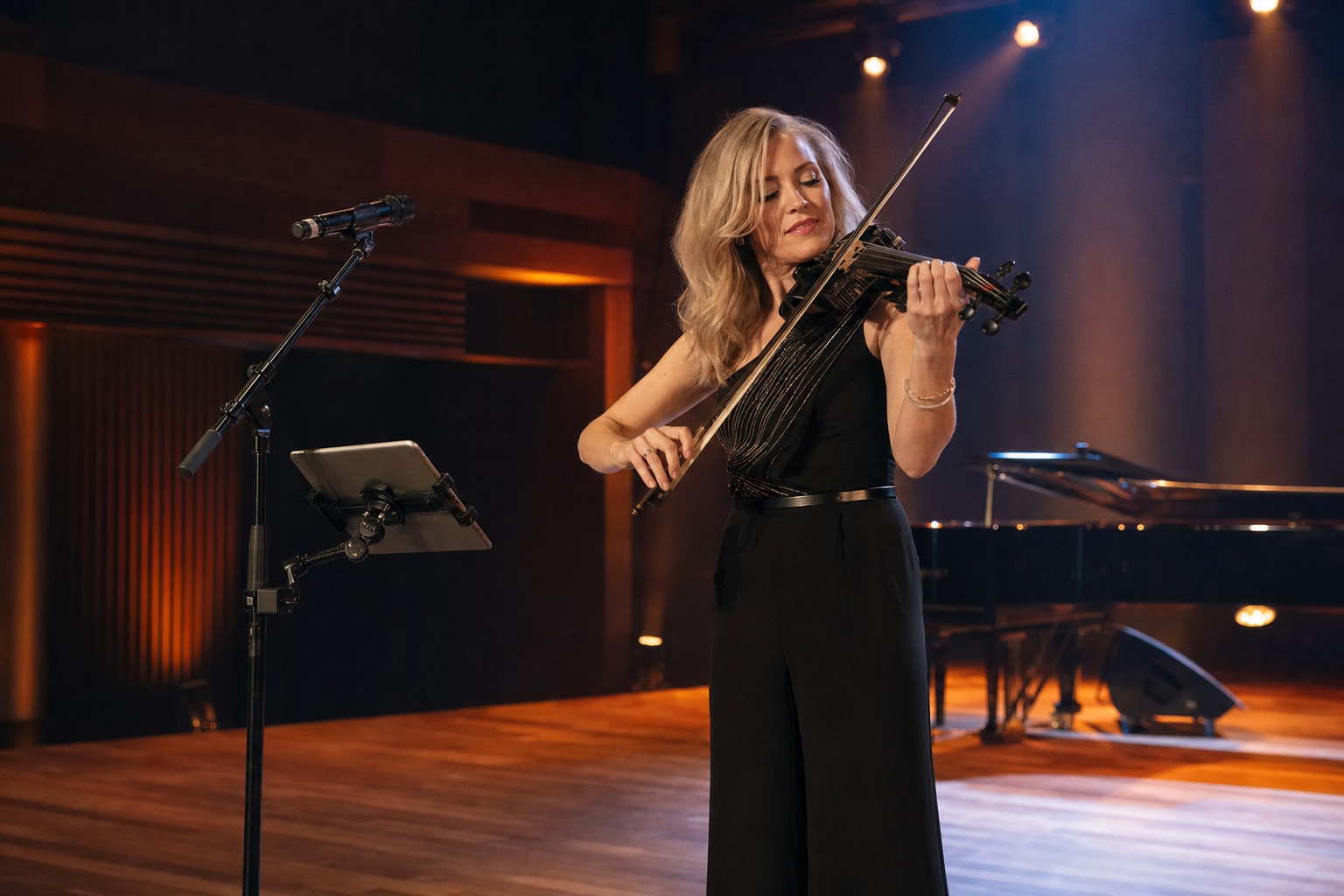 Professional electric violinist performing on a warm concert stage with a tablet mounted low on a microphone stand for subtle live reading