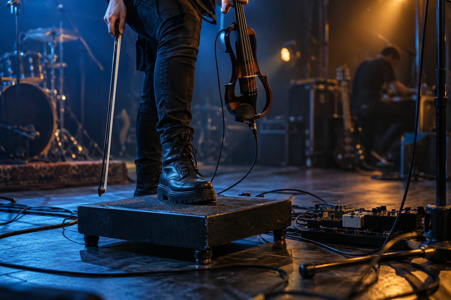Electric violinist тества tactile monitor платформа по време на stage soundcheck