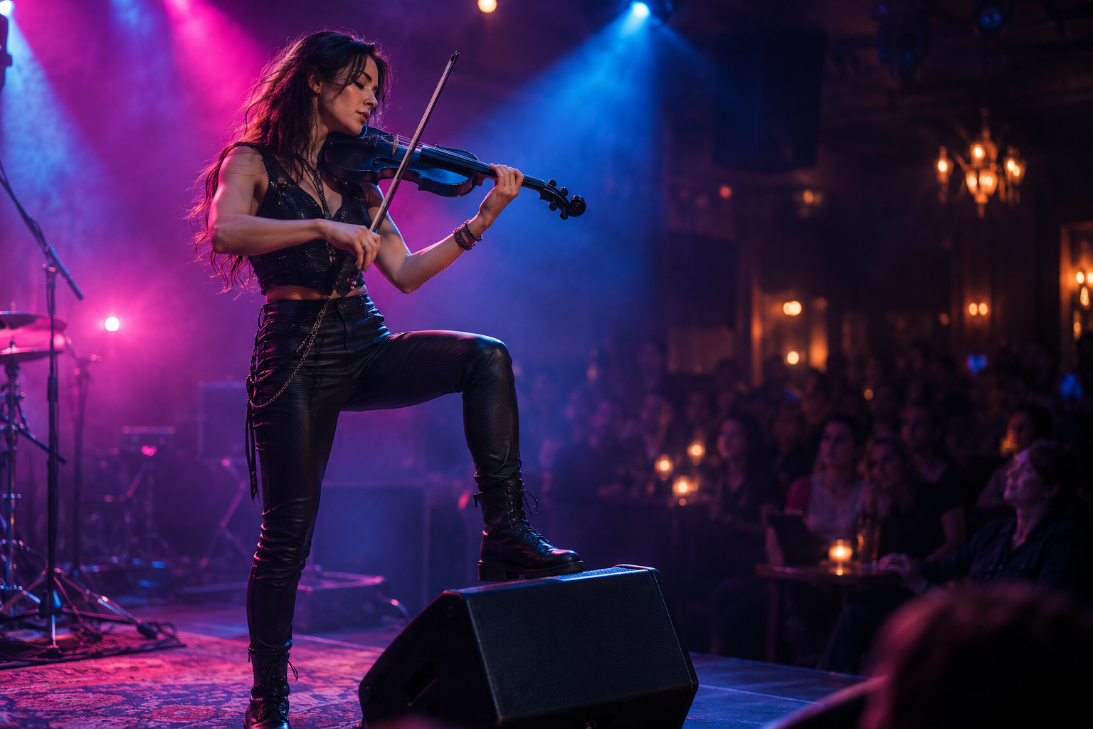 Electric violin performer свири с ниска tactile monitoring платформа в интимна зала