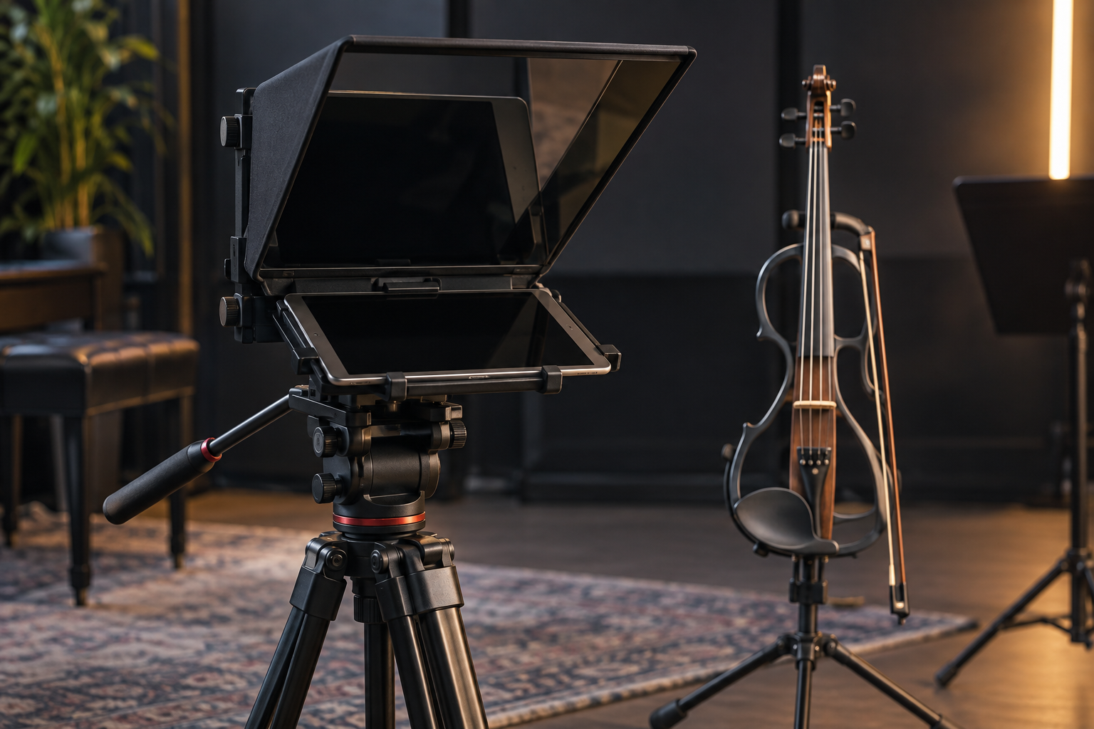 Телепромптер за таблет е монтиран стабилно на camera tripod до електрическа цигулка