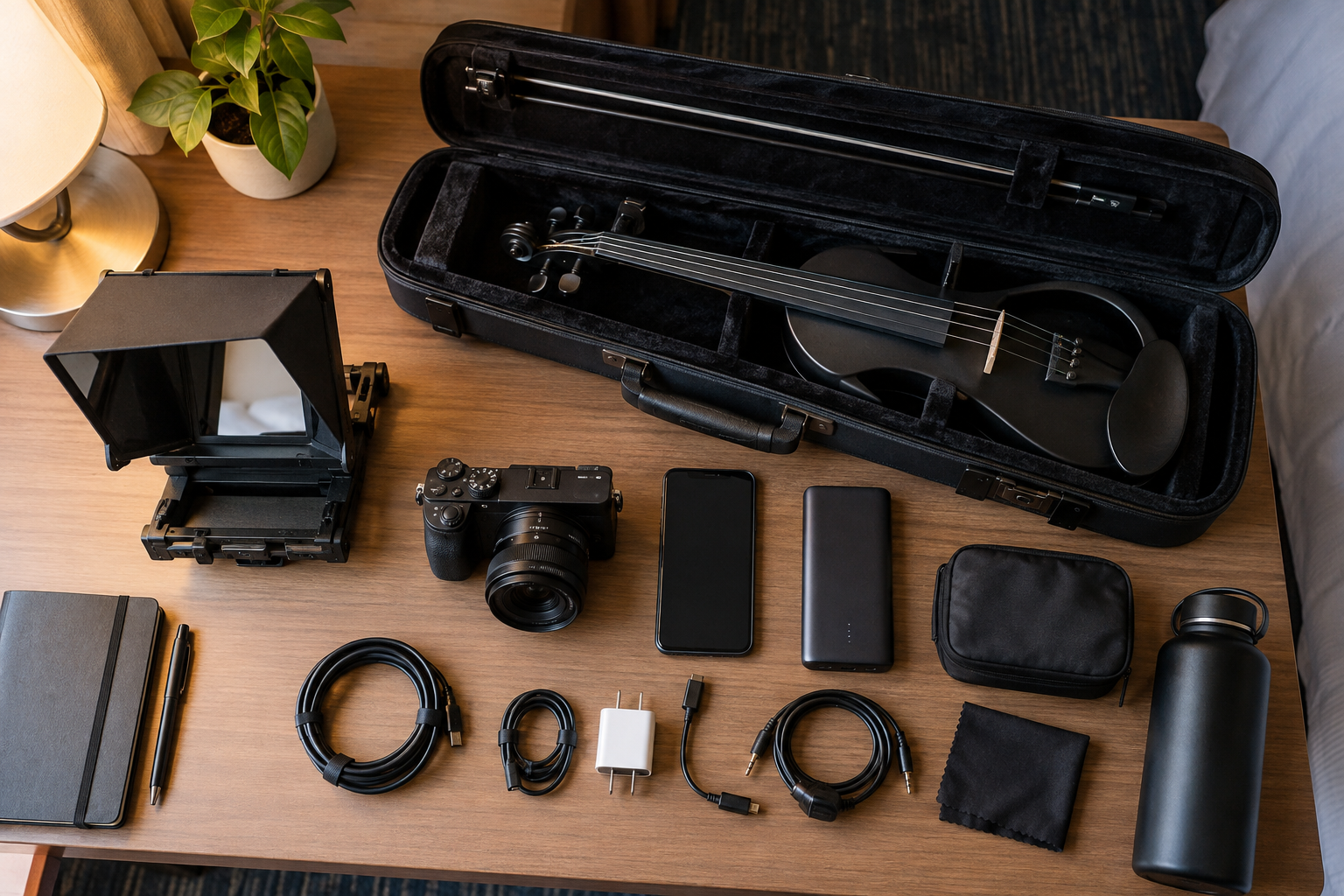 Компактен travel kit с телепромптер камера и електрическа цигулка за touring content creator