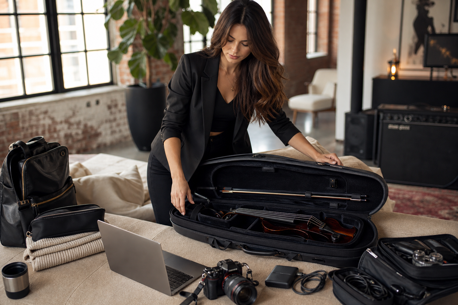 Electric violin content creator подрежда тънък куфар до camera gear, лаптоп и аксесоари в loft studio