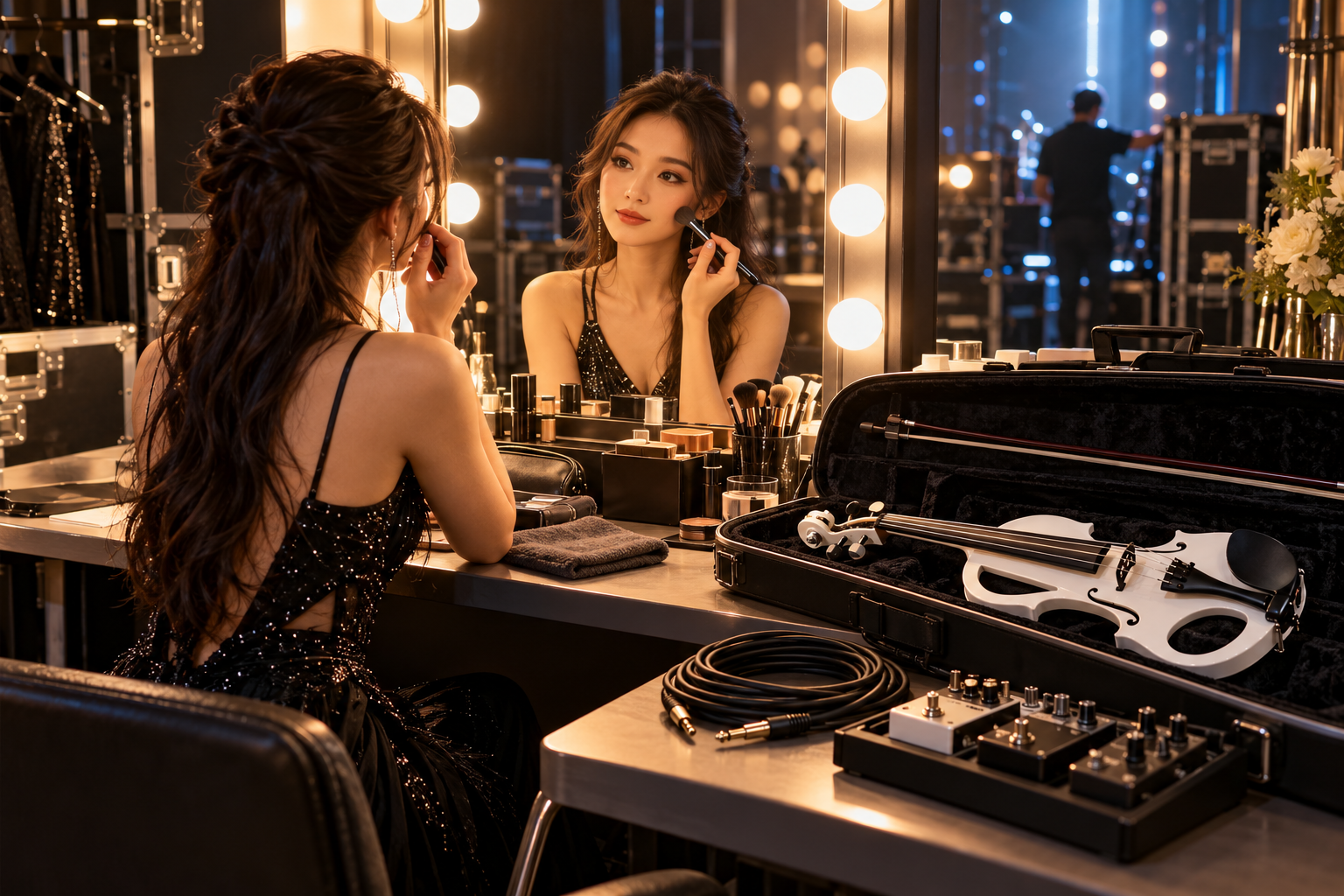 Electric violin performer preparing at a lighted backstage makeup mirror beside a white electric violin case