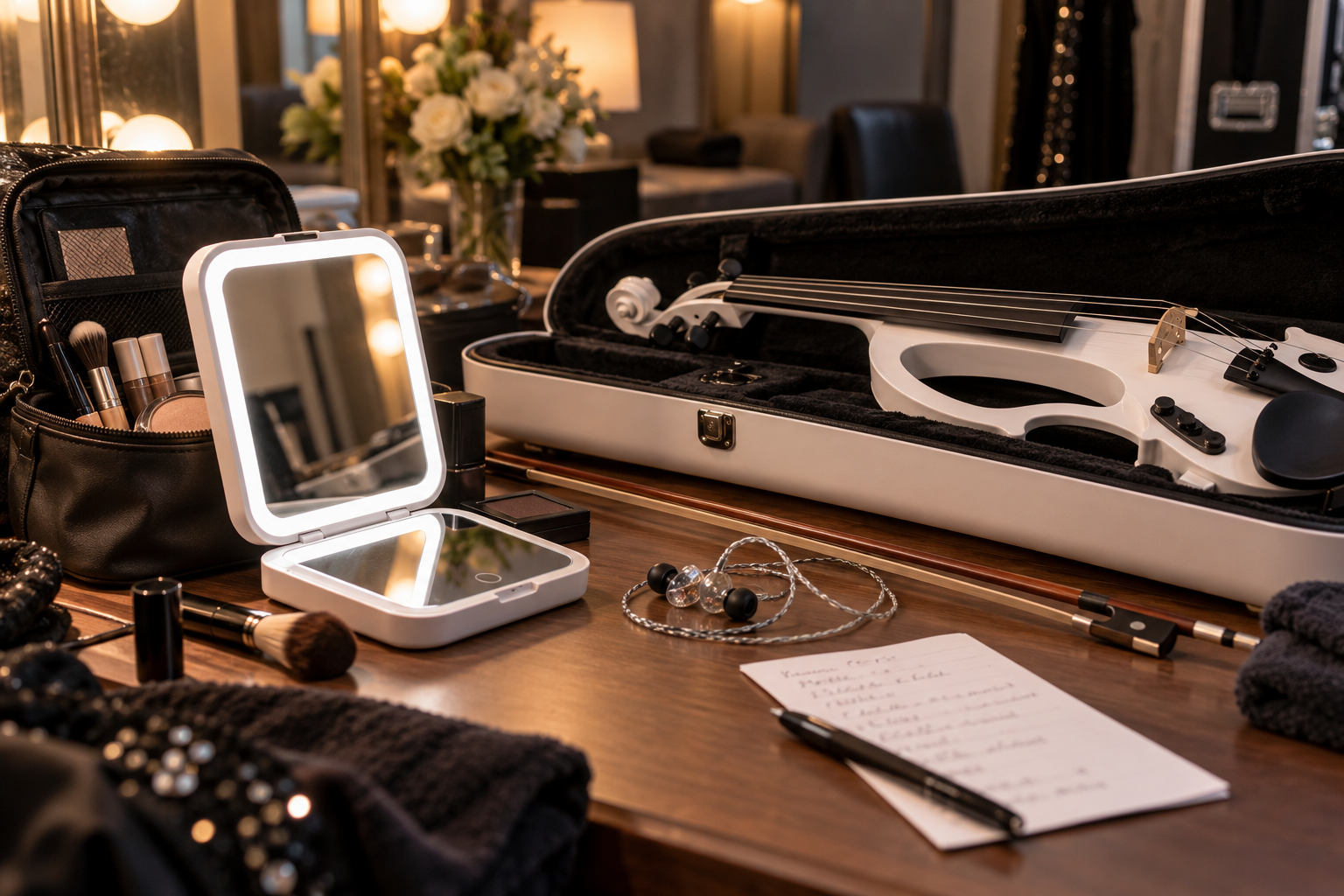 Rechargeable compact mirror in an organized electric violin backstage travel kit