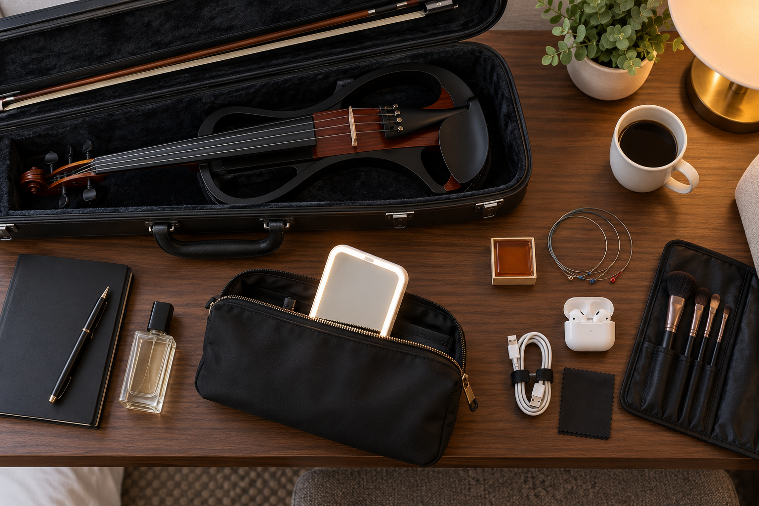 Lighted travel mirror packed safely in an accessory pouch beside an electric violin touring case