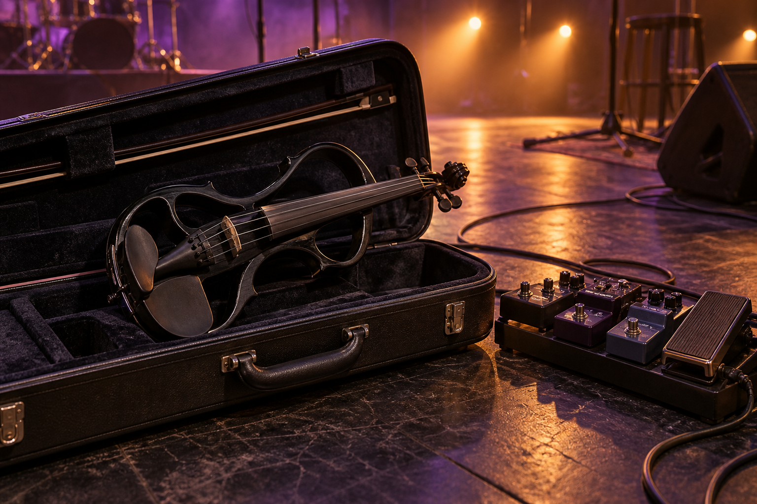 Black electric violin in an open fitted case beside a tremolo pedalboard on a warmly lit stage