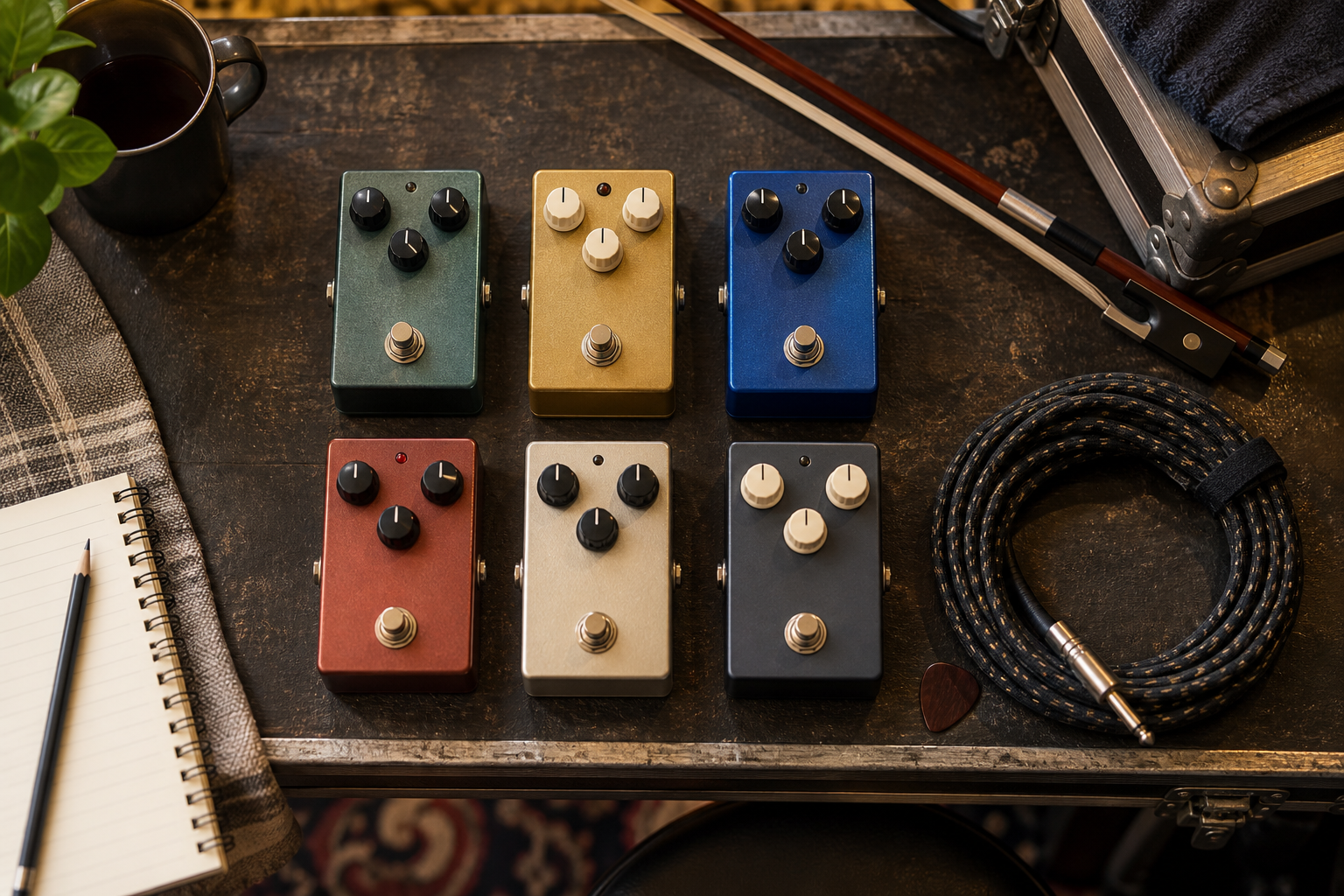 Six unbranded tremolo stompboxes arranged beside a violin bow and instrument cable on a worktable