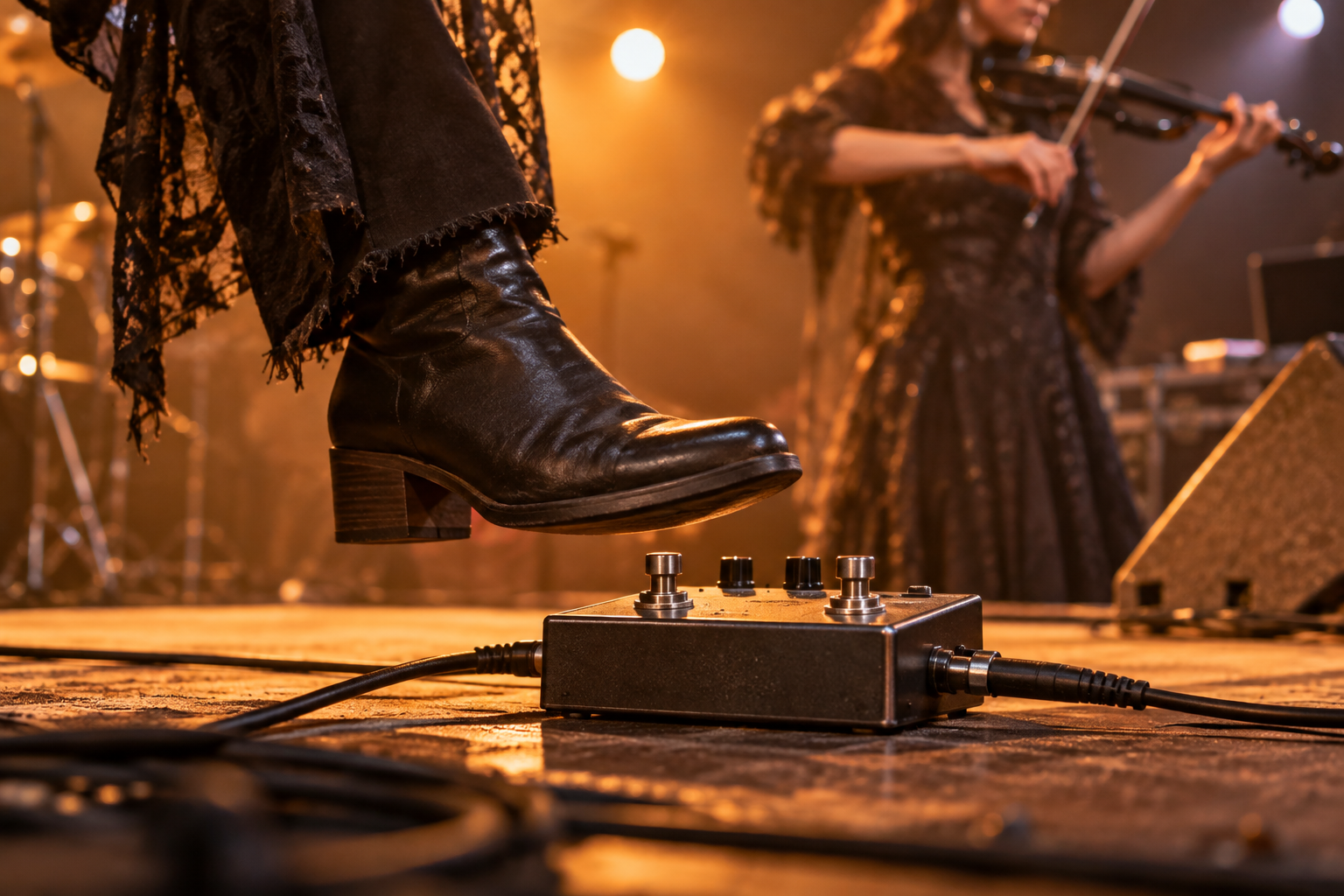 Performer shoe above a tap tempo footswitch on a compact stage effects pedalboard