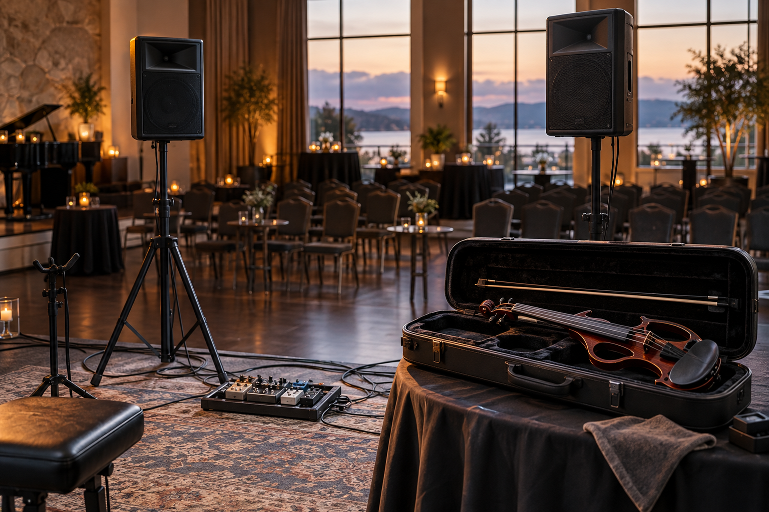 Two speakers flanking a pedalboard in a venue prepared for stereo electric violin soundcheck