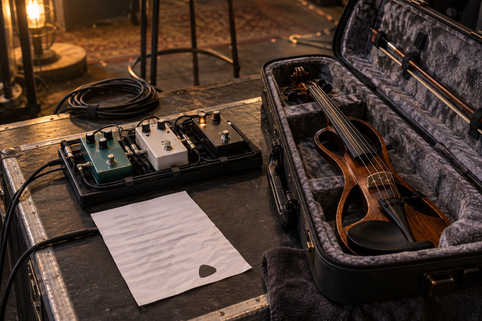 Electric violin case beside a compact pedalboard and setlist during backstage show preparation