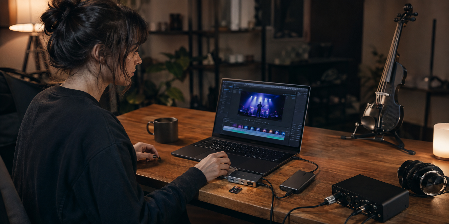 Electric violin content creator importing concert footage through a USB-C dock into an editing laptop