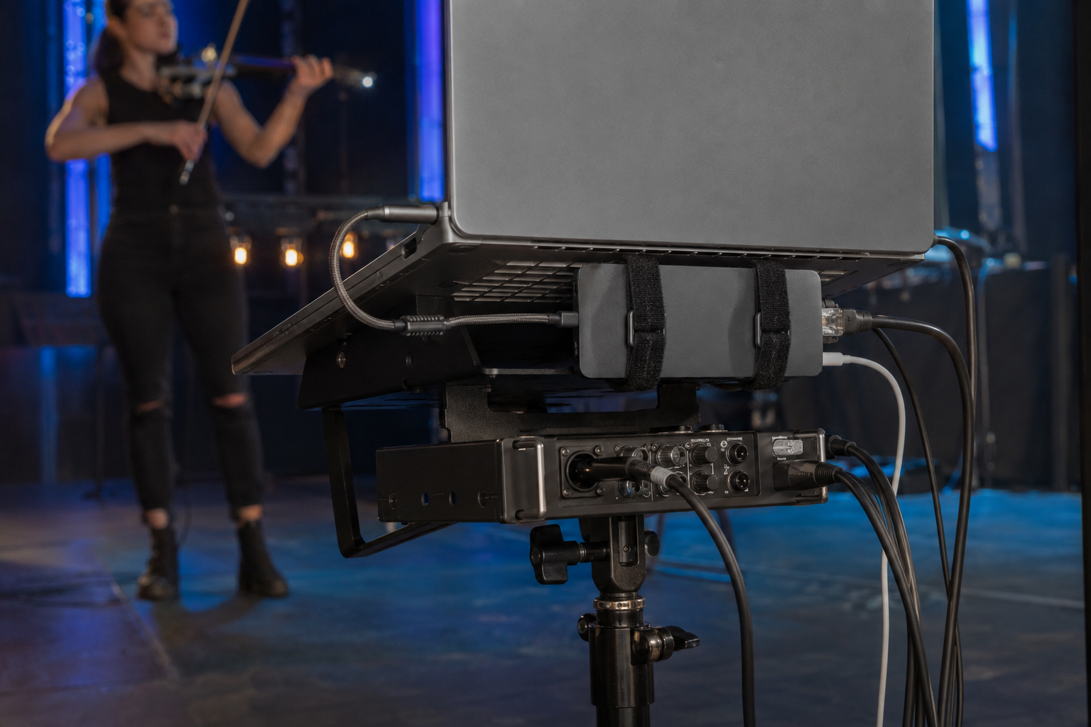 USB-C travel dock secured beneath a backing-track laptop stand during an electric violin performance