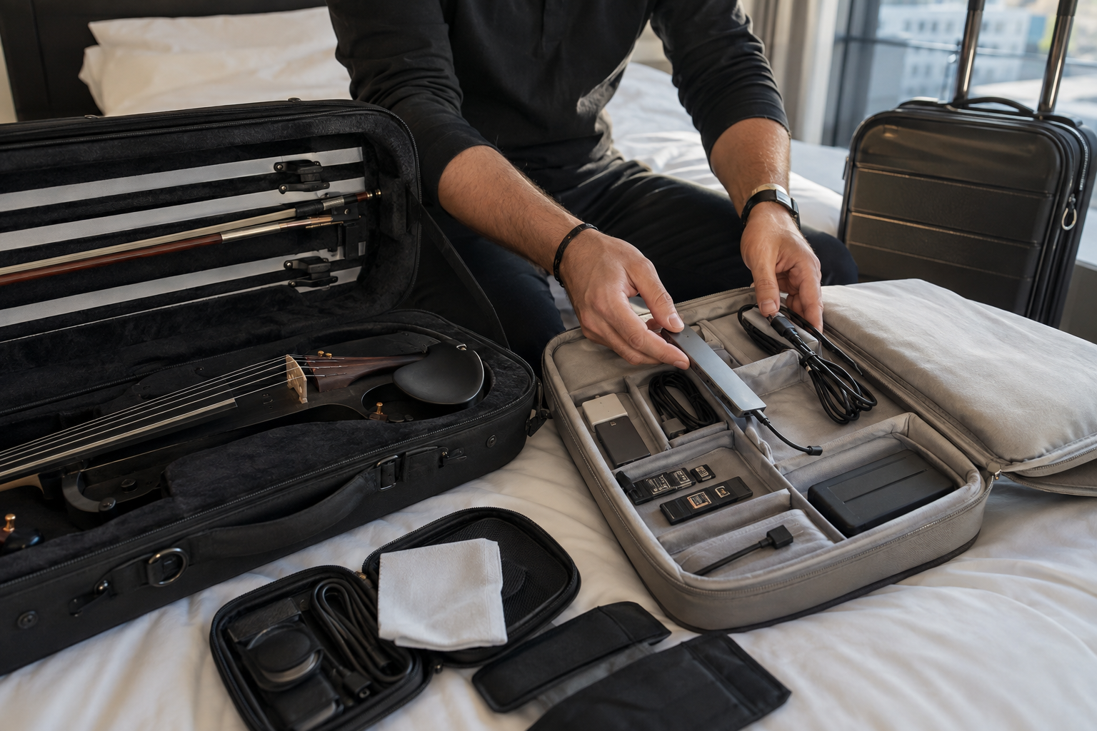 Electric violinist packing a USB-C travel hub, rated cables, cards, and storage into a touring creator bag