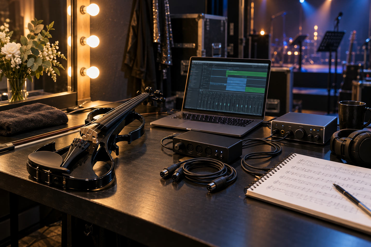 Electric violin и компактен USB MIDI control rig на backstage работна маса