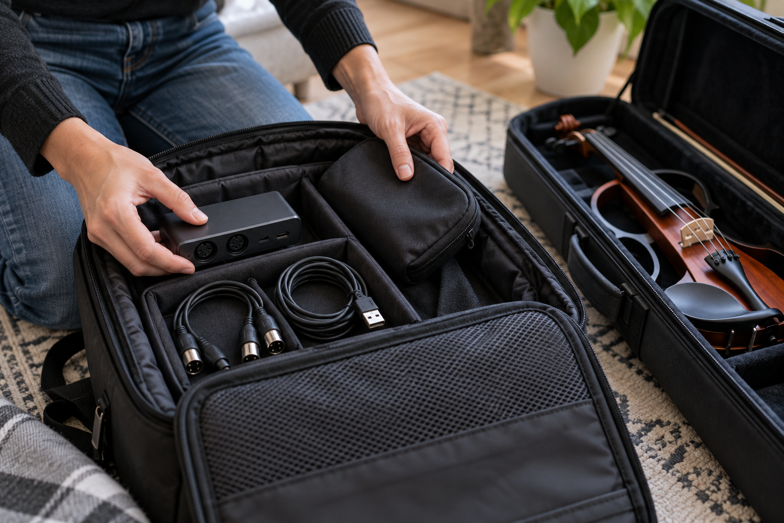 Музикант прибира компактен MIDI interface кабели и electric violin оборудване в gig bag