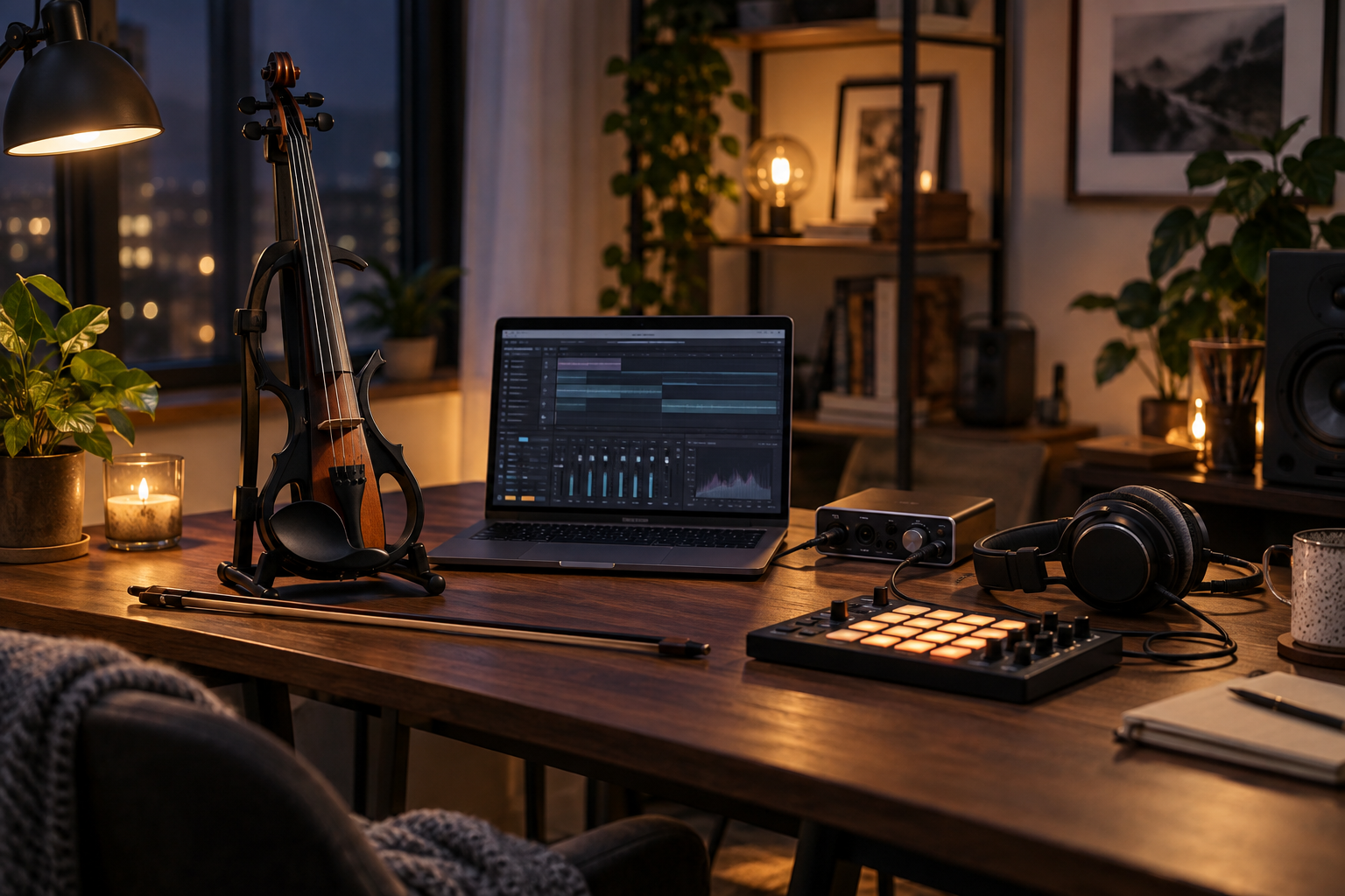 Домашно electric violin recording бюро с laptop MIDI контроли слушалки и studio speakers