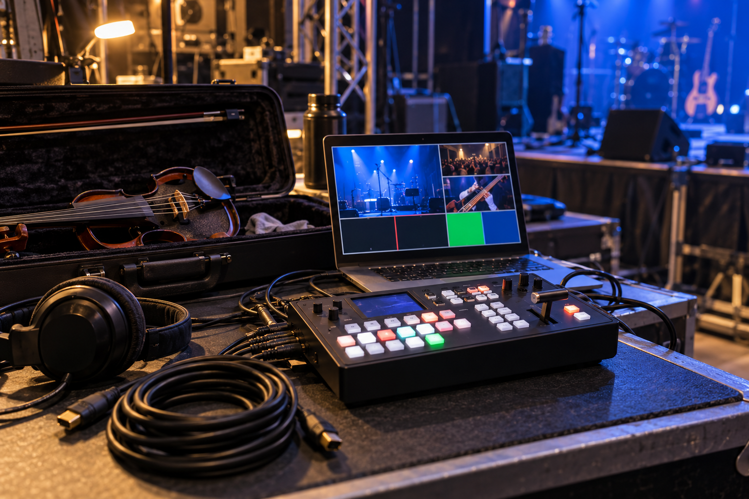 Backstage electric violin livestream kit with compact video switcher laptop and HDMI cables