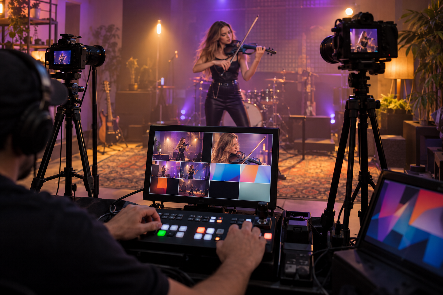 Electric violin livestream viewed from a multi-camera compact video switching position