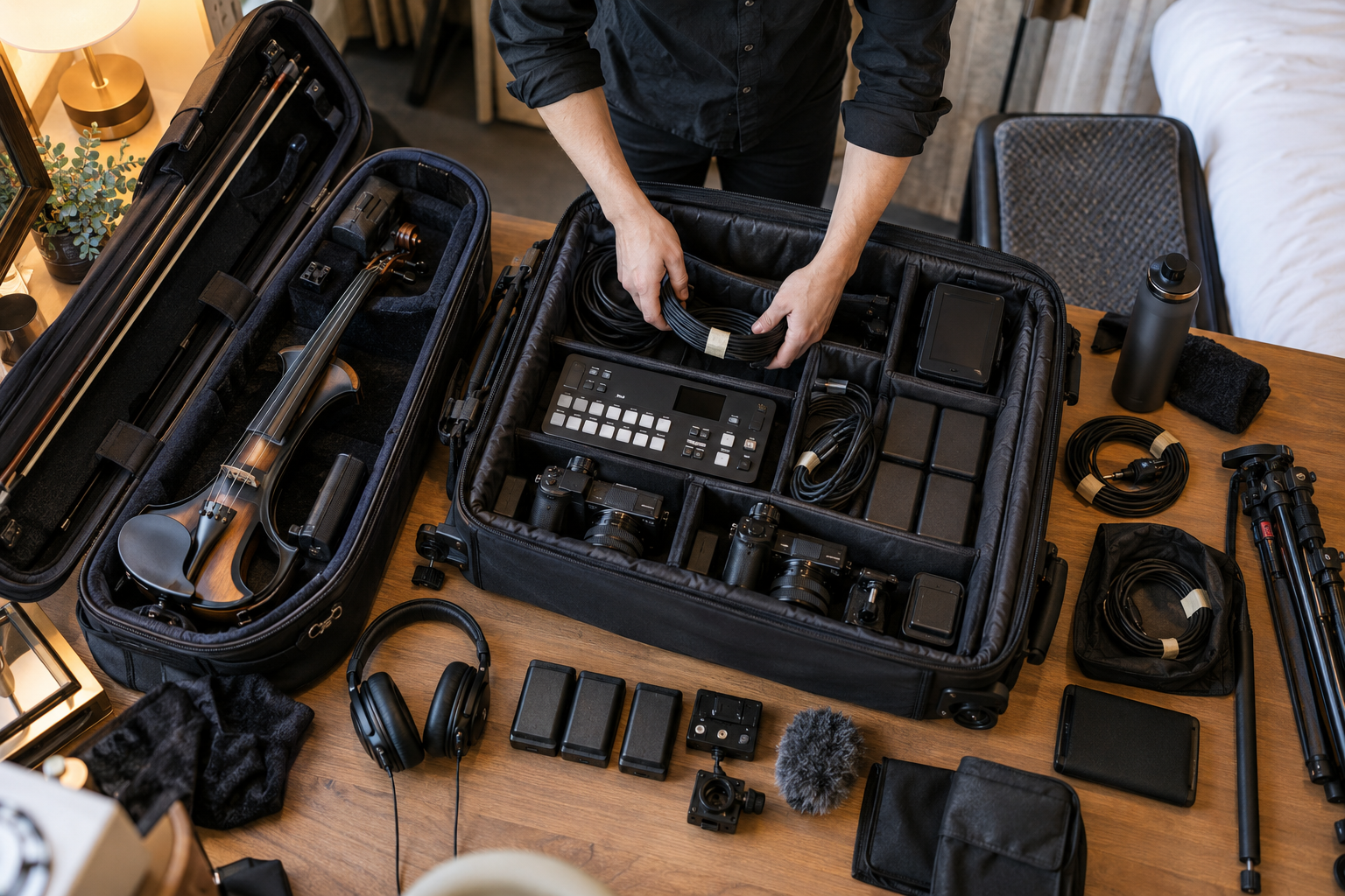 Touring electric violin creator packing compact livestream video switching equipment
