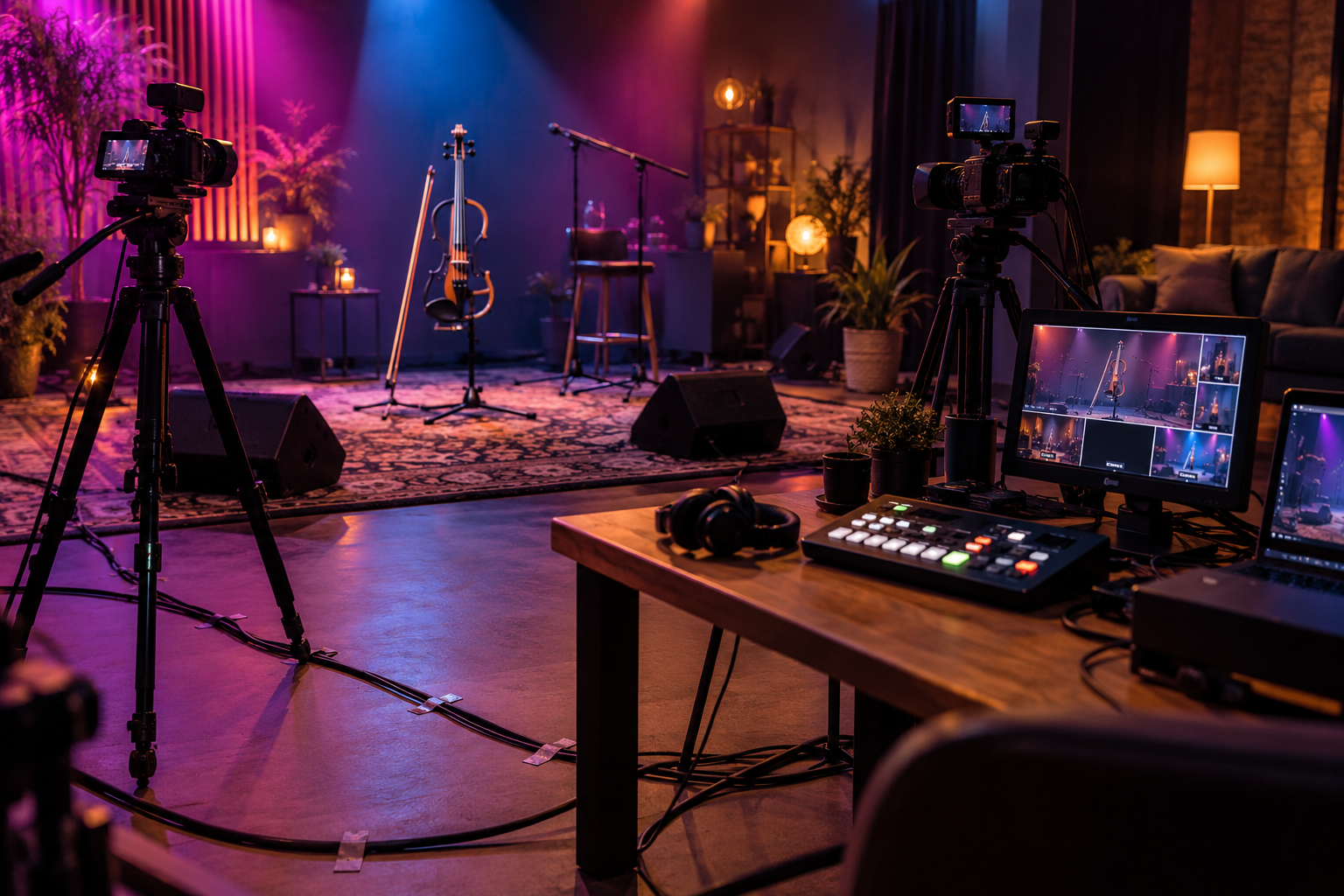 Finished electric violin livestream studio with cameras and compact video switching desk