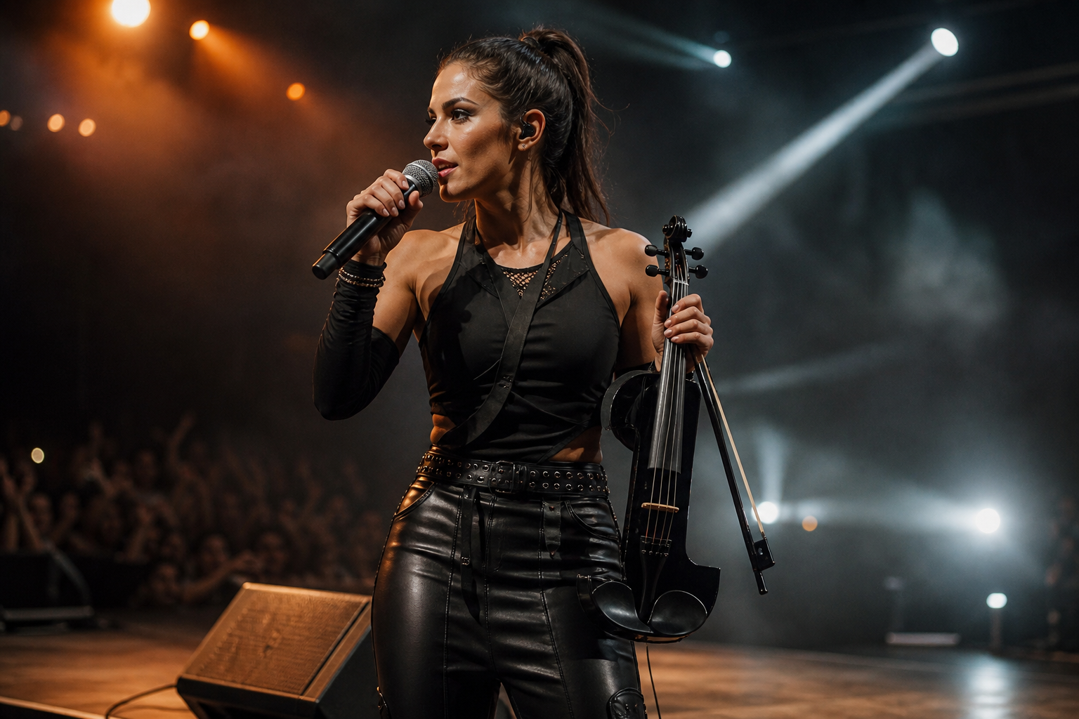Electric violin изпълнител на шумна клубна сцена с handheld вокален микрофон, wedge монитори и силно сценично осветление
