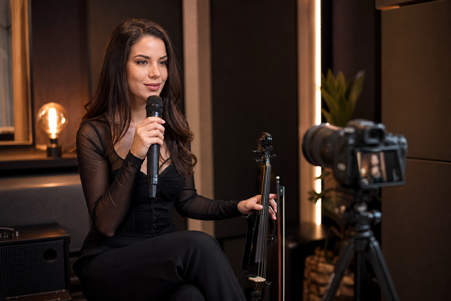 Electric violin content creator снима performance intro, докато държи handheld вокален микрофон до camera setup