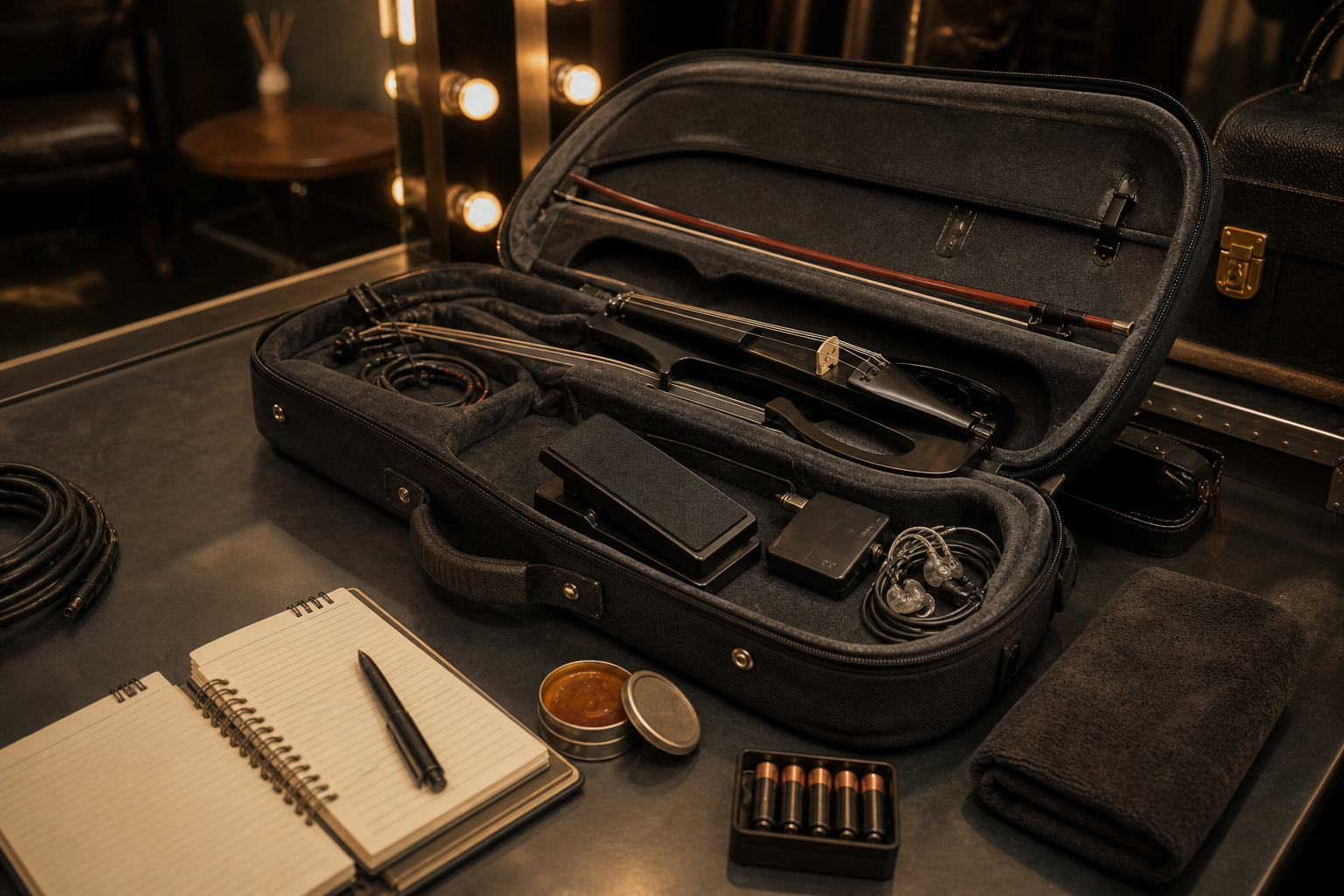 Open electric violin gig bag with compact volume pedal, wireless pack, in-ear monitors, cables, and notebook arranged backstage
