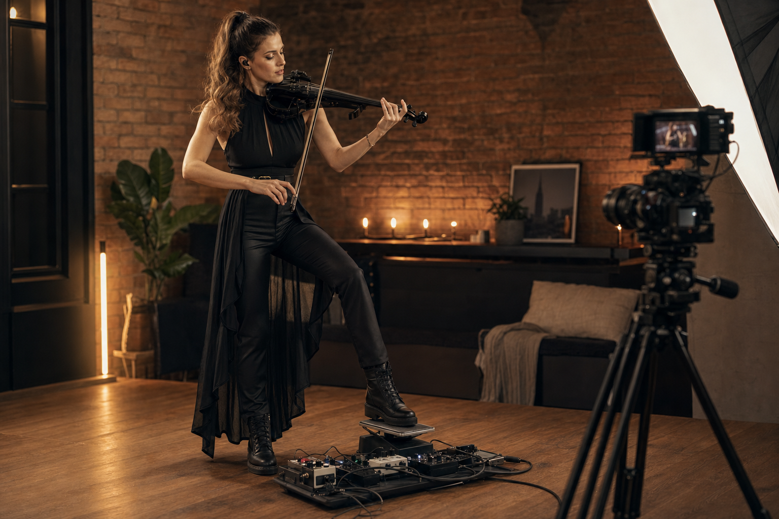Electric violin content creator filming a reel while controlling ambient swells with a volume pedal in a loft studio