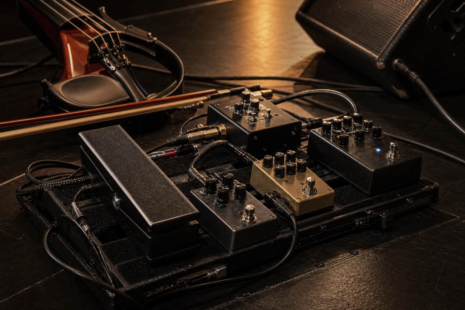 Close-up of an electric violin pedalboard with compact volume pedal, DI box, cables, and bow accessories under warm venue light