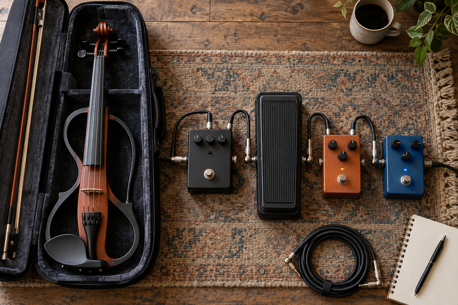 Електрическа цигулка предусилвател wah overdrive и delay подредени за сценична сигнална верига
