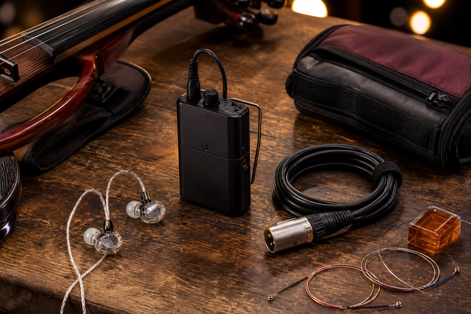 Близък кадър на маса с wired monitor belt pack, прозрачни in-ear монитори, XLR кабел, electric violin корпус и подредени сценични аксесоари
