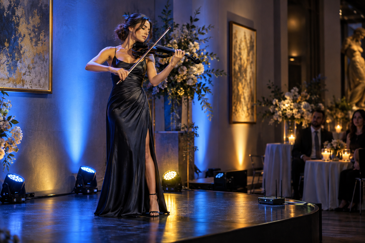 Electric violin artist под blue и gold LED uplights, контролирани от wireless DMX