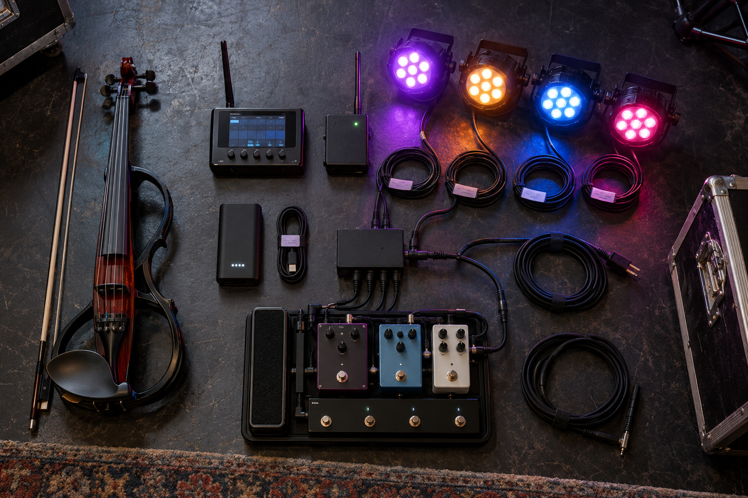 Compact wireless DMX lighting control rig с LED fixtures и electric violin pedalboard