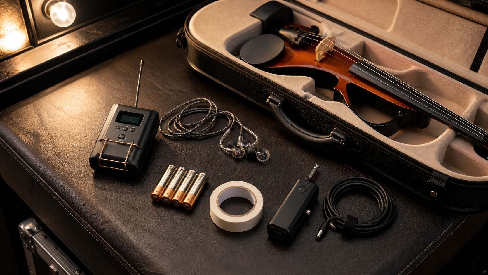 Open electric violin case with wireless bodypack receiver, in-ear monitors, spare batteries, and neatly packed stage accessories backstage