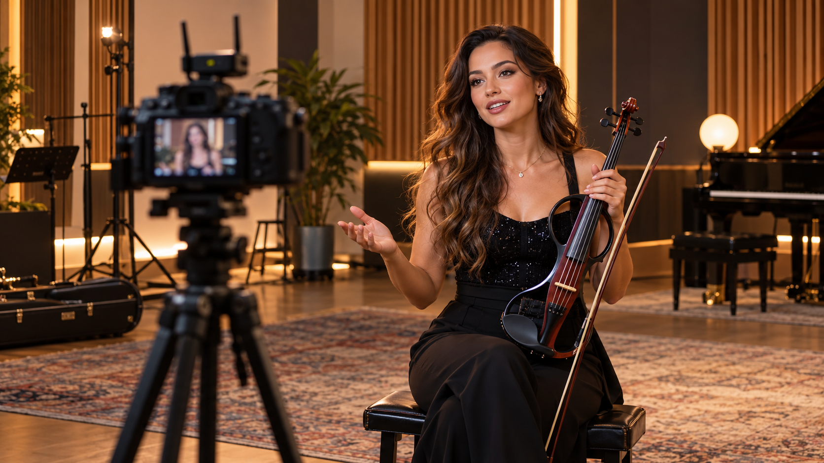 Electric violin content creator recording a spoken camera introduction in a warm performance studio