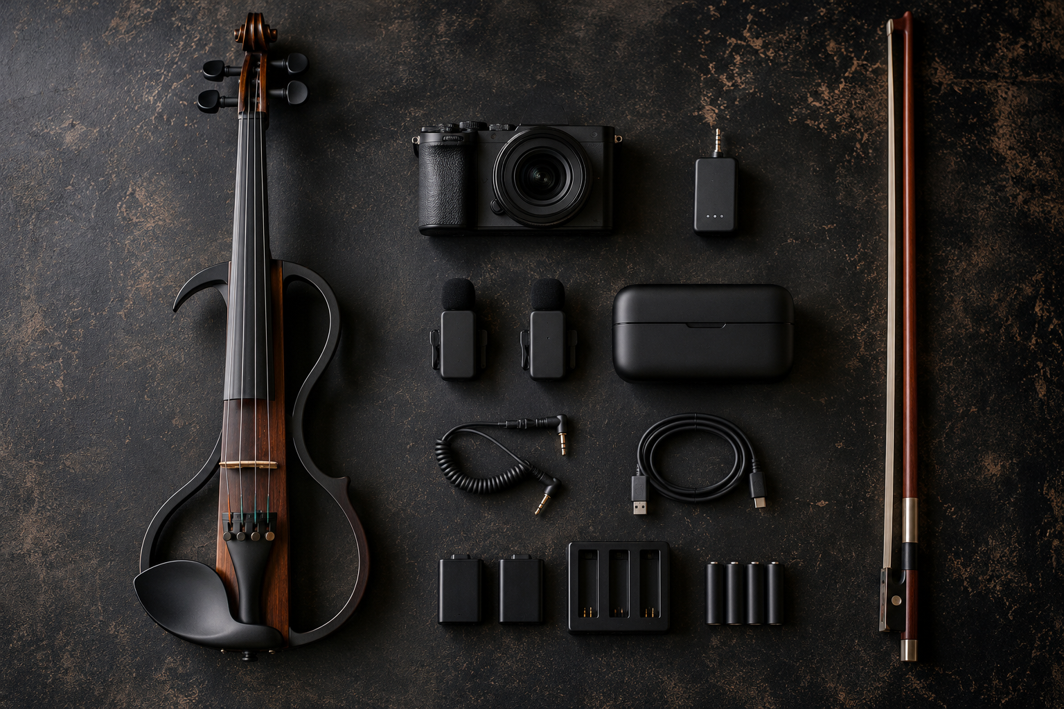 Top down electric violin creator kit with camera wireless microphone transmitters charging case and cables