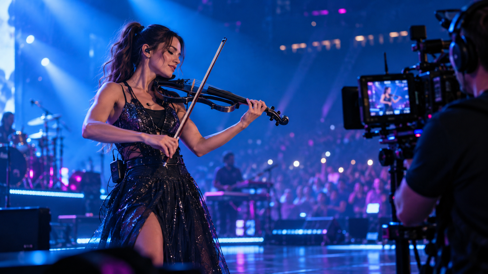 Electric violin performer filmed on a blue concert stage with discreet wireless microphone and camera