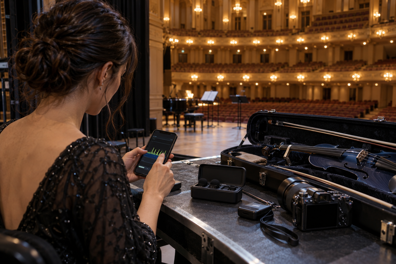 Electric violin artist checking recording levels beside camera and wireless microphone kit in concert hall