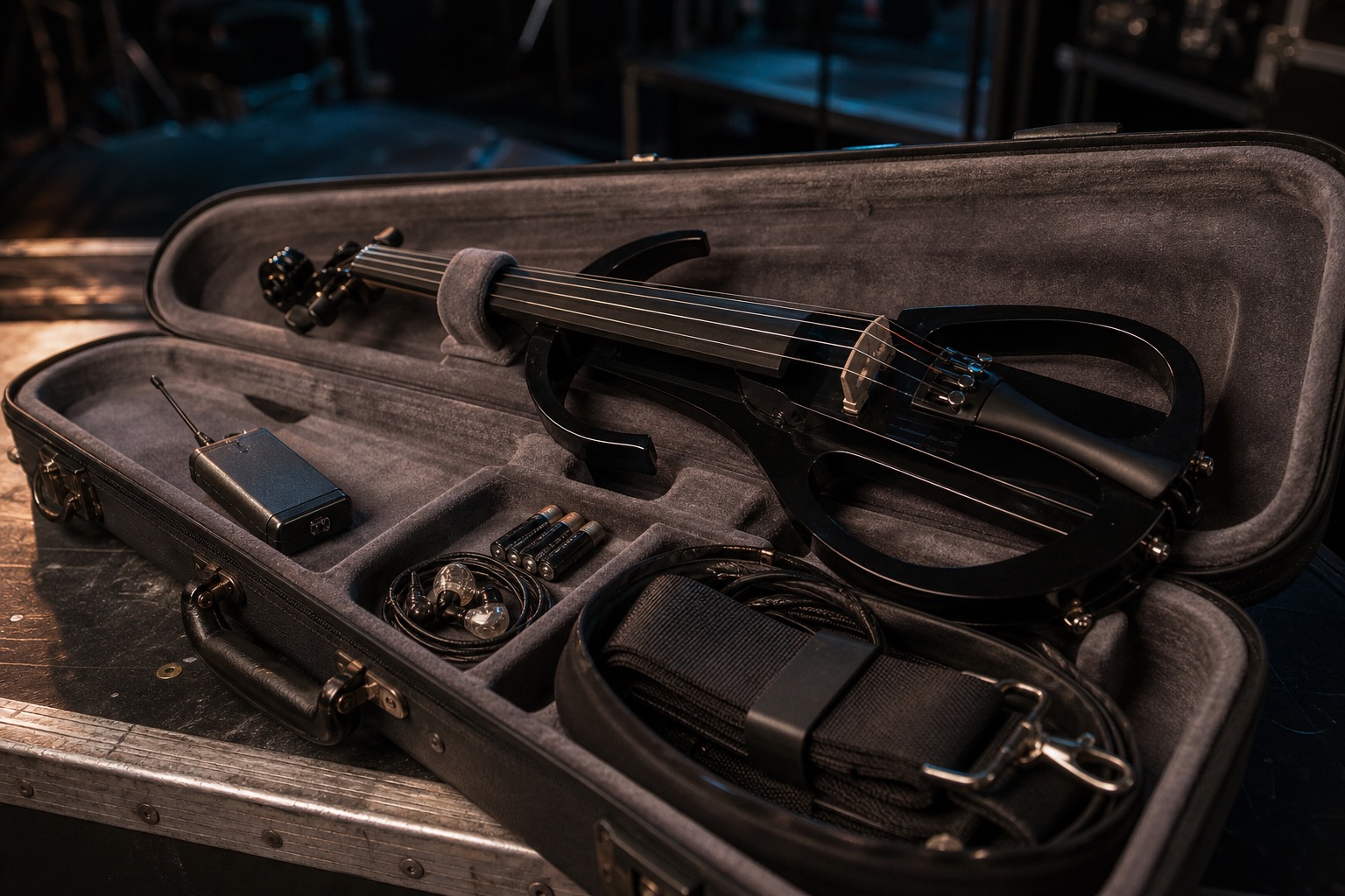 Open electric violin case packed with a wireless transmitter, batteries, in-ear monitors, and stage accessories before a show