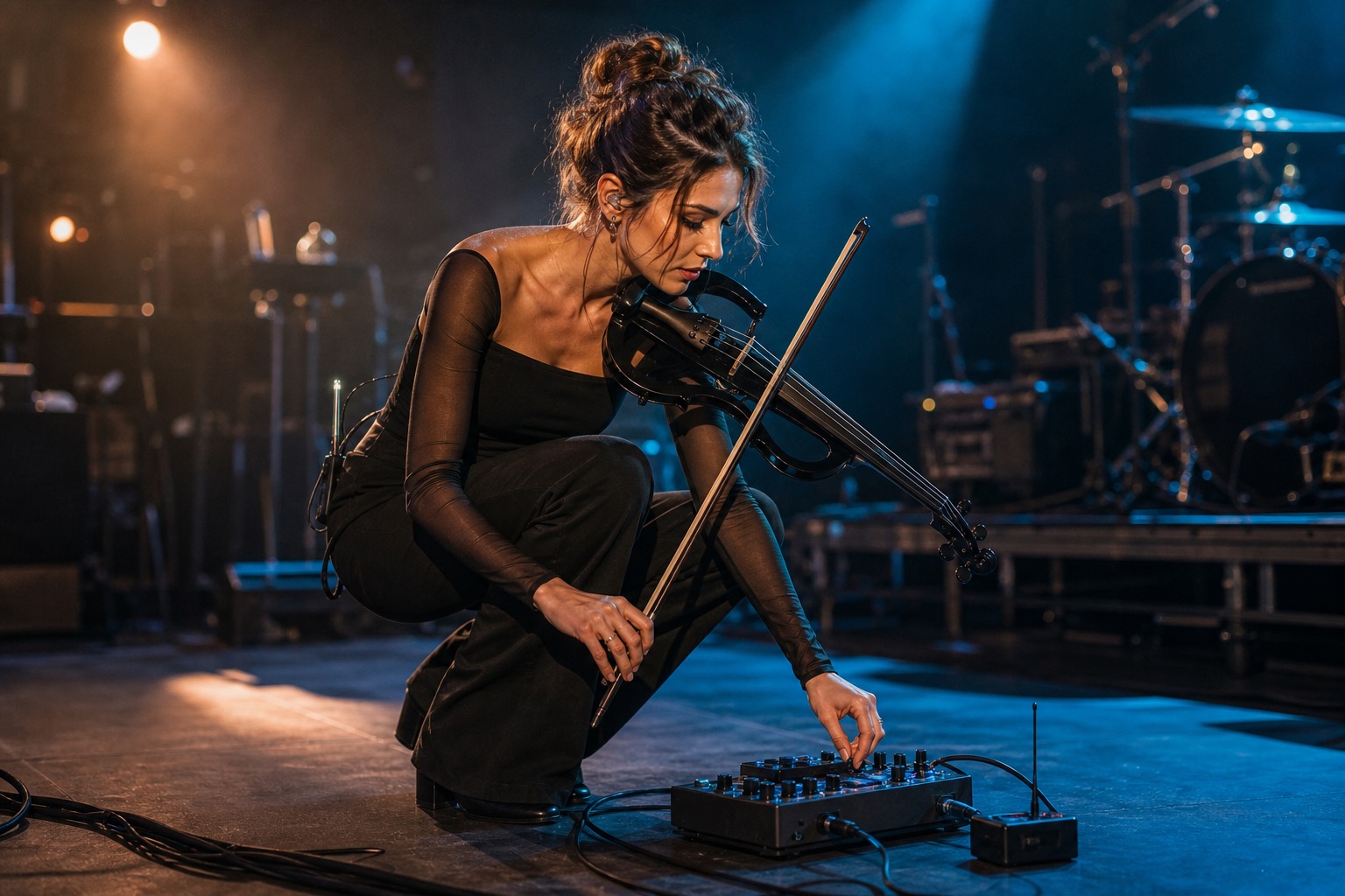 Electric violinist kneeling beside a pedalboard and wireless receiver while checking levels during club soundcheck