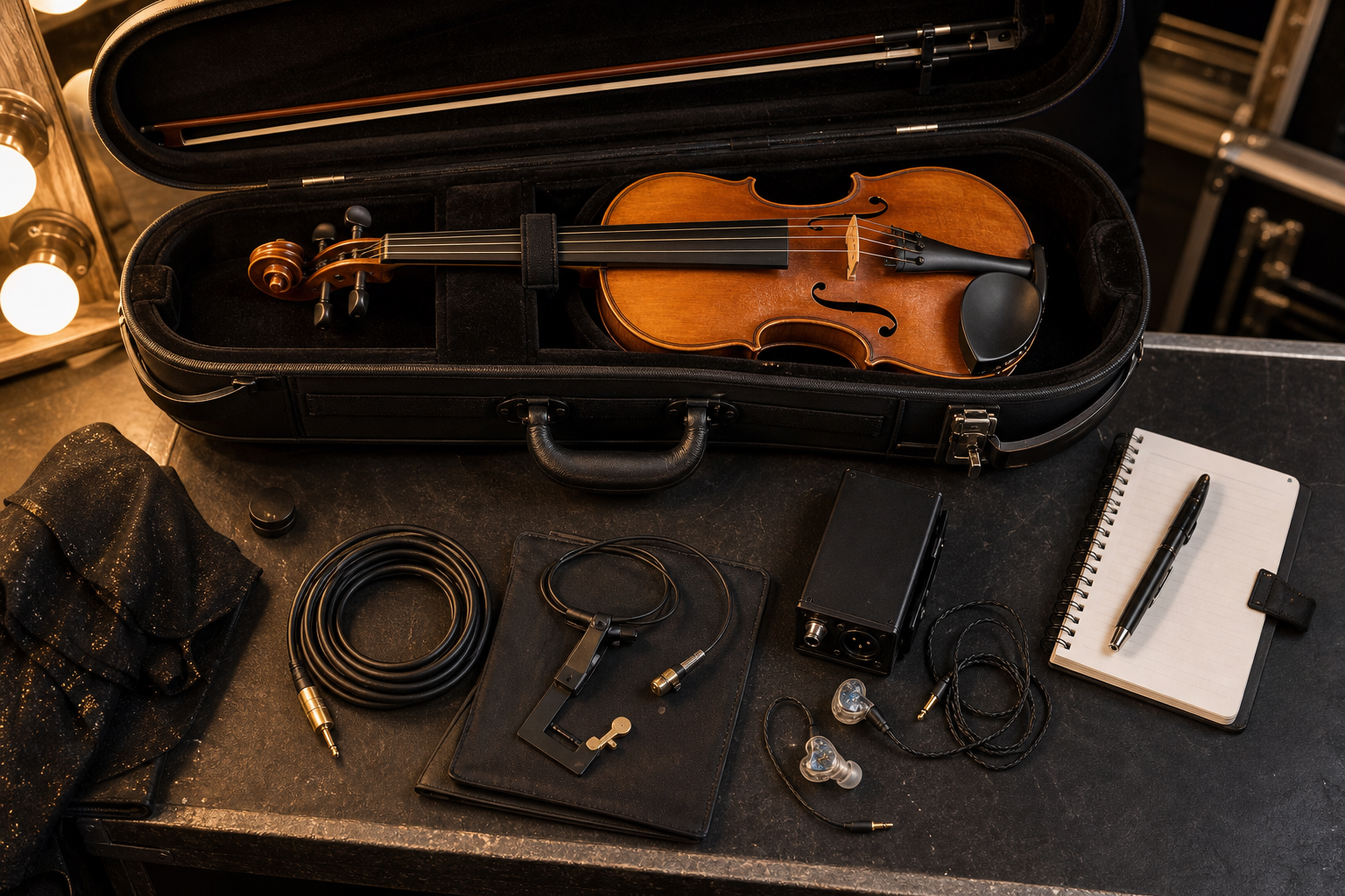 Отворен калъф за цигулка с performance-ready pickup комплект, кабел, in-ear монитори, DI box и backstage бележник